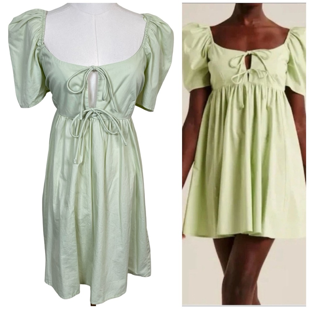 Abercrombie & Fitch Puff Sleeve Tie Front‎ Dress Women L Green Milkmaid Cottage